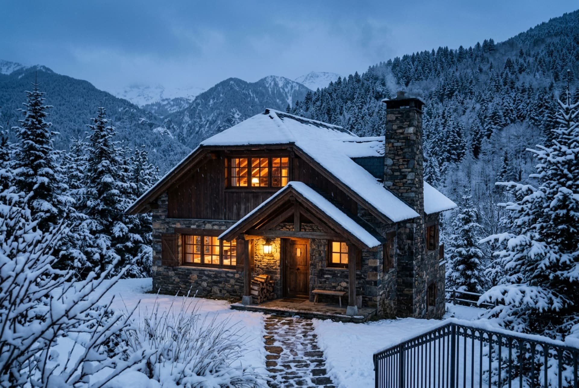 Casa de piedra y madera con nieve y luz cálida al anochecer