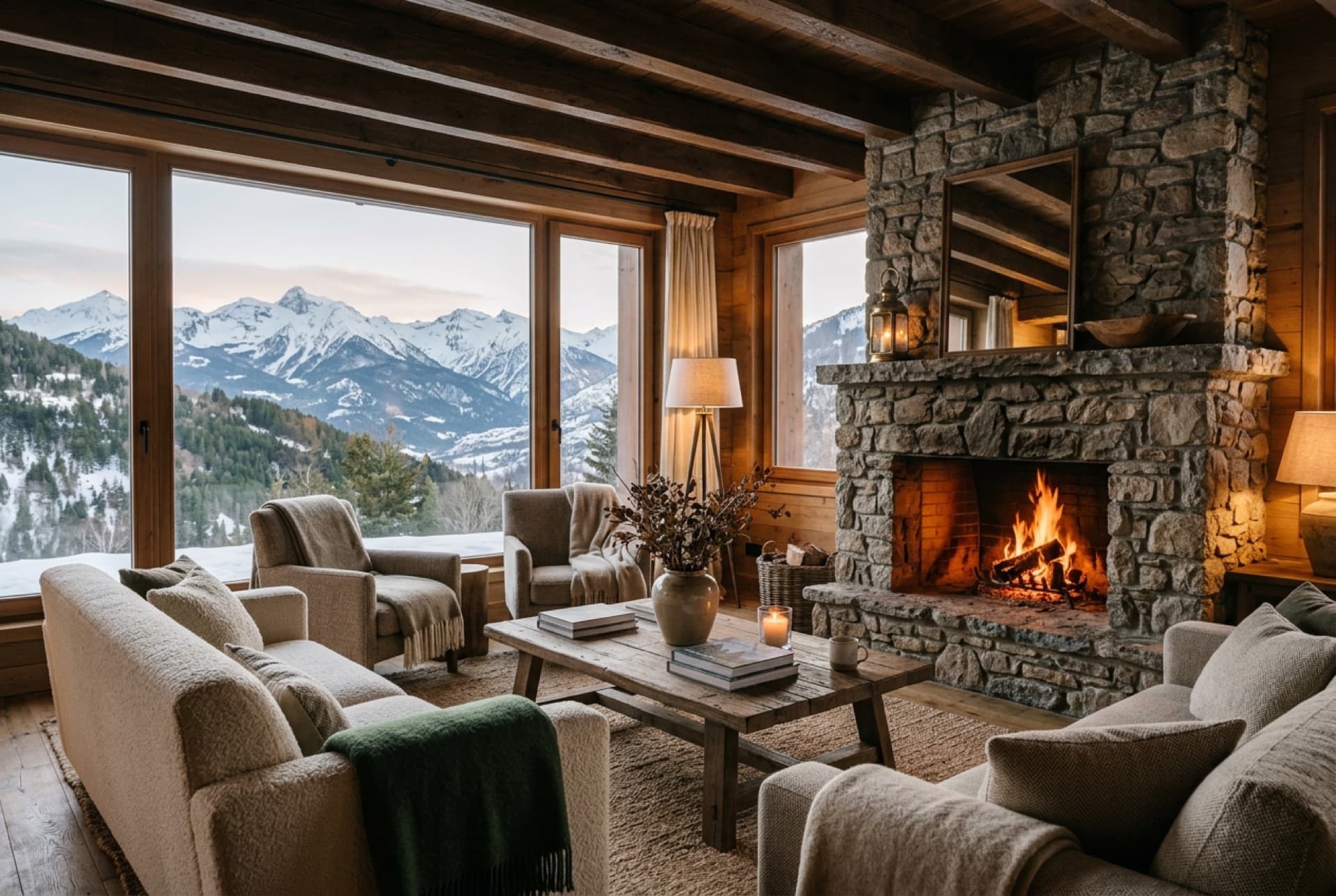 Salón con chimenea de piedra y ventanal hacia montañas nevadas