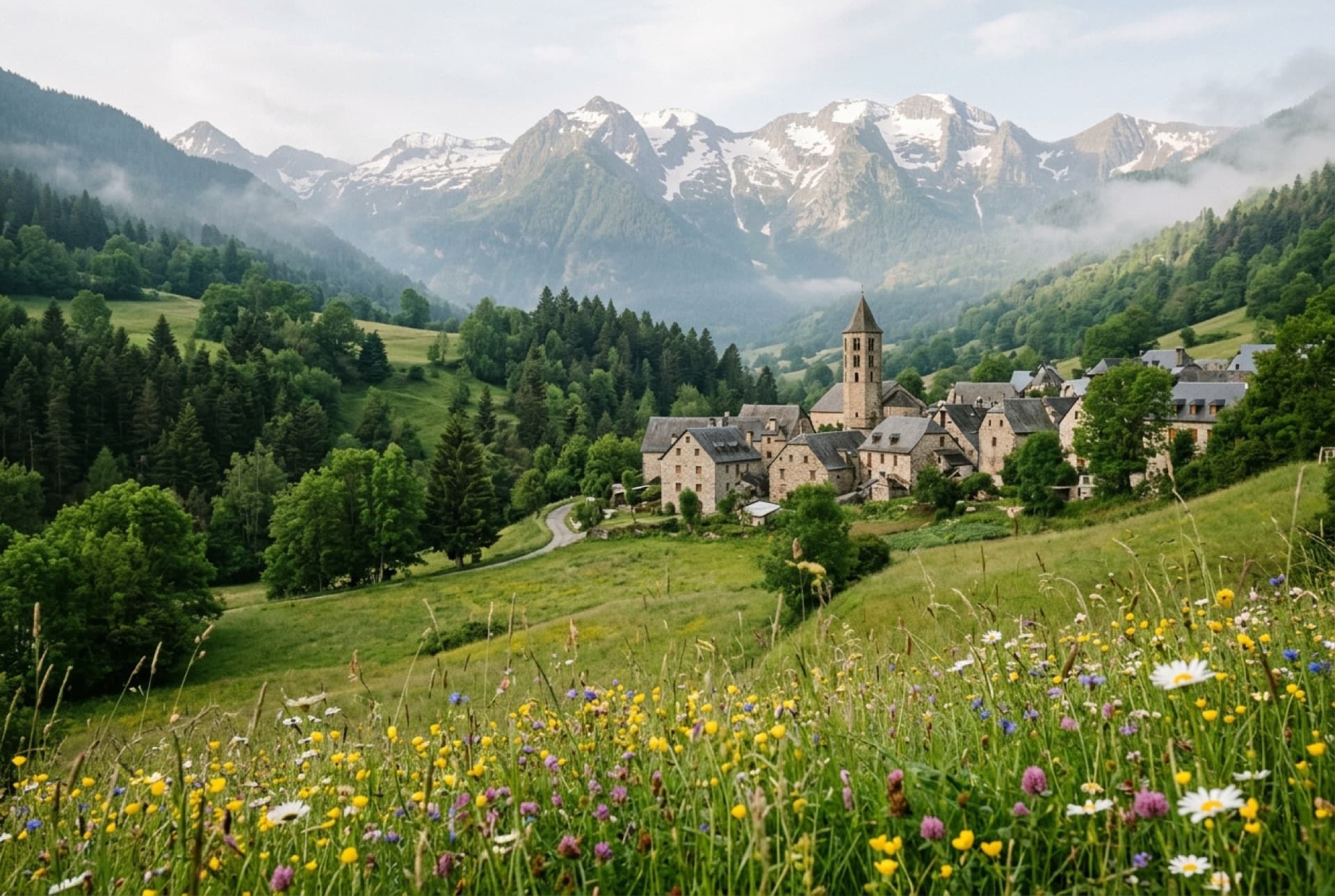 Praderas con flores y pueblo de piedra del Valle de Arán en verano