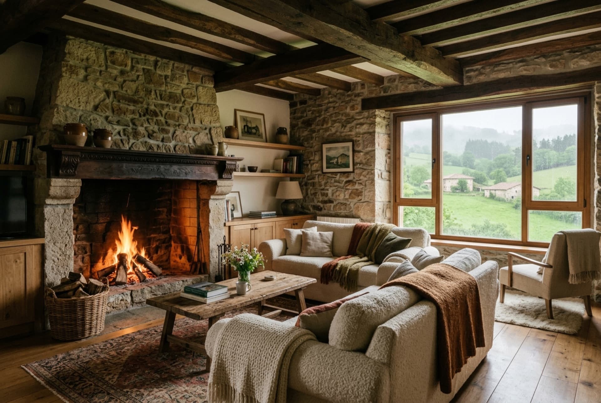 Interior de casona con vigas de madera