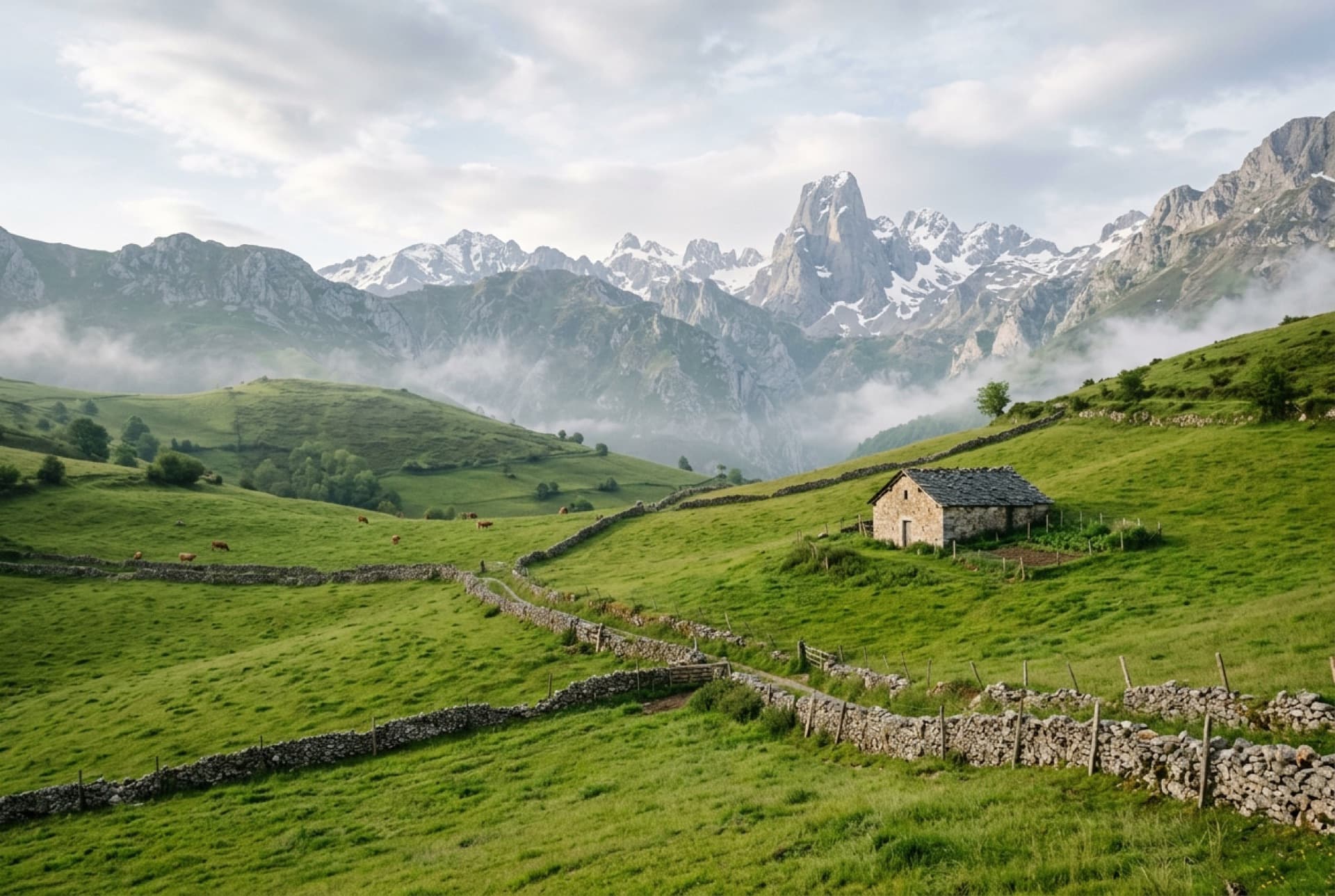 Picos de Europa al fondo del paisaje cántabro