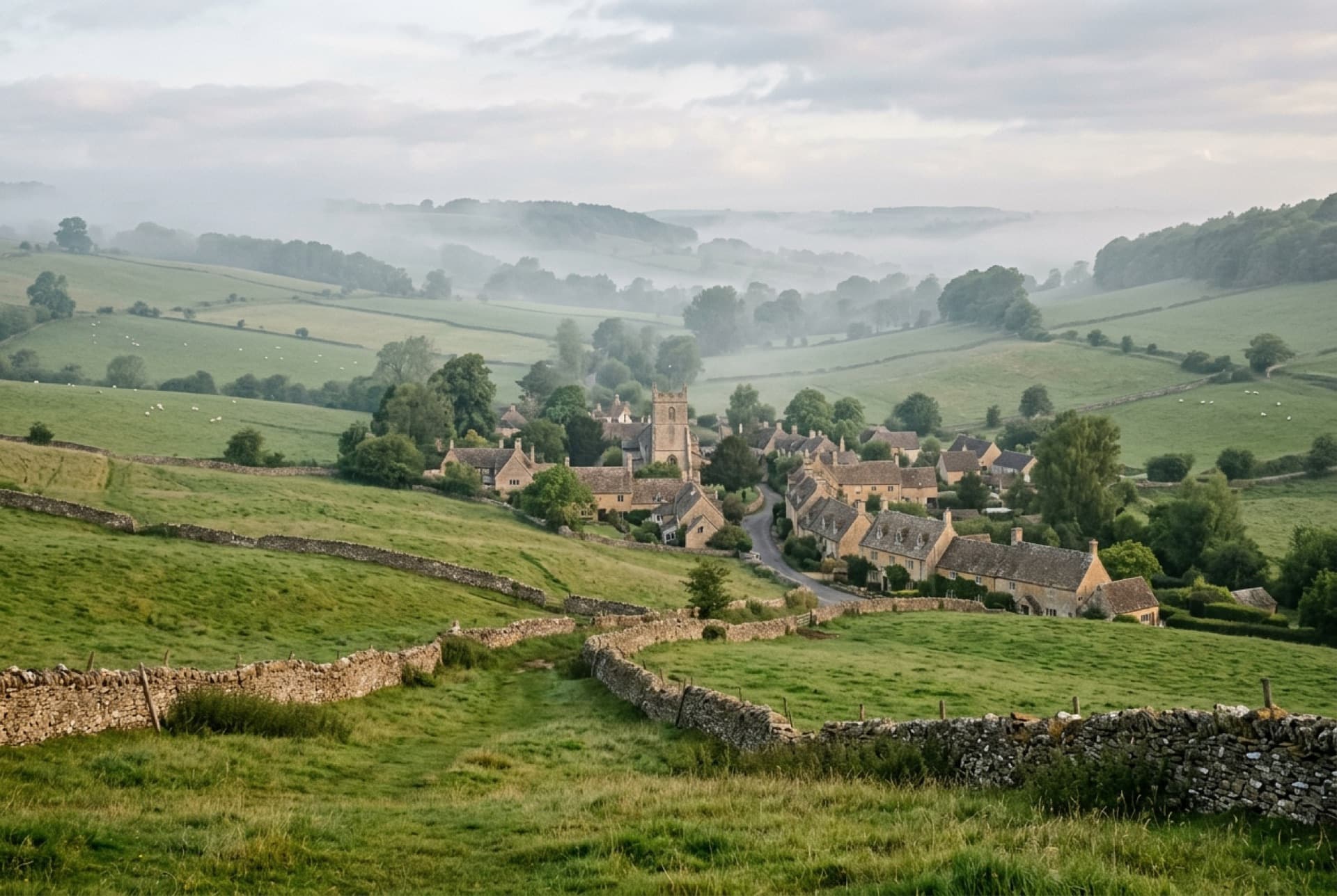 Colinas de los Cotswolds con pueblos de piedra a lo lejos