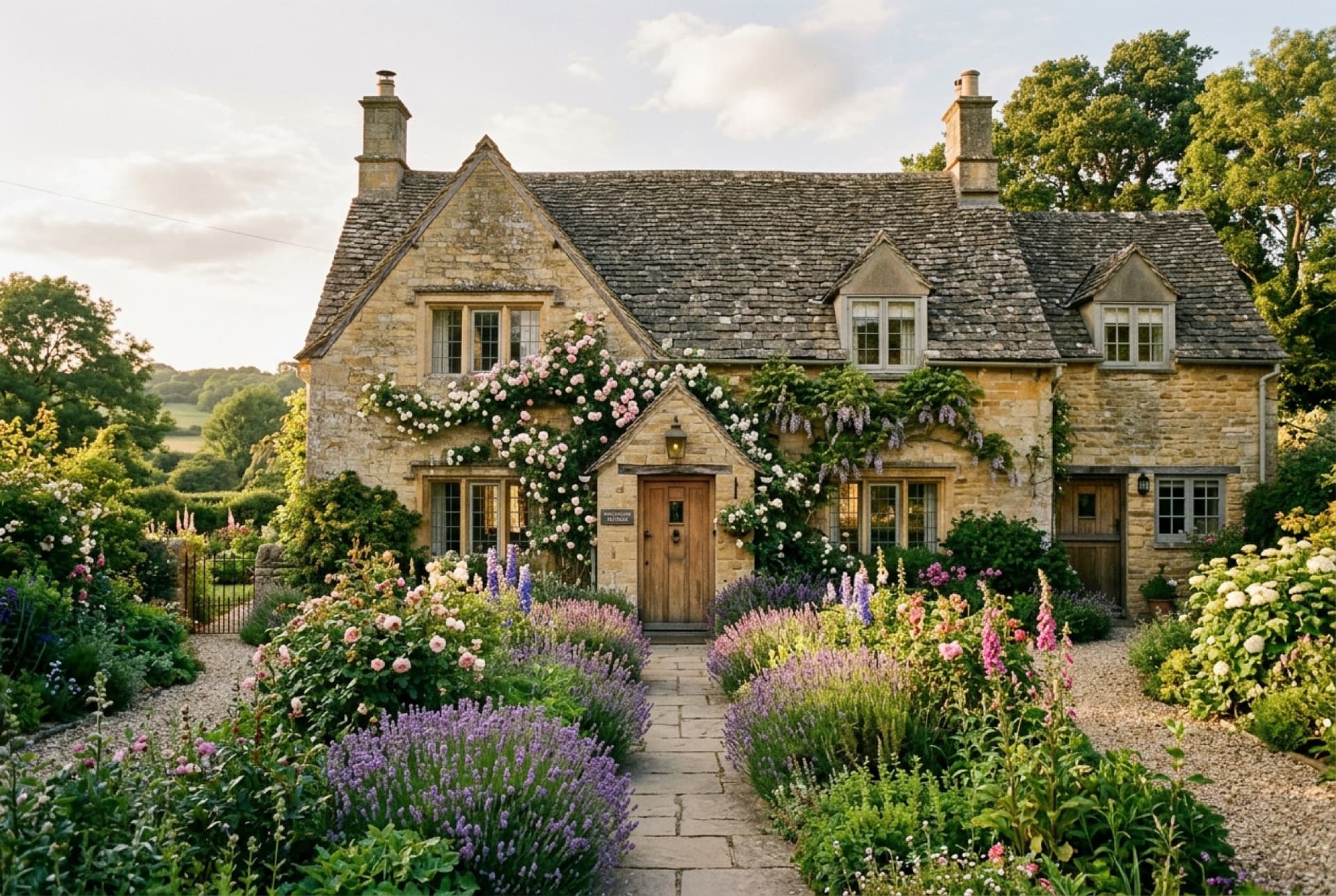 Cottage de piedra dorada con jardín de rosas y lavanda