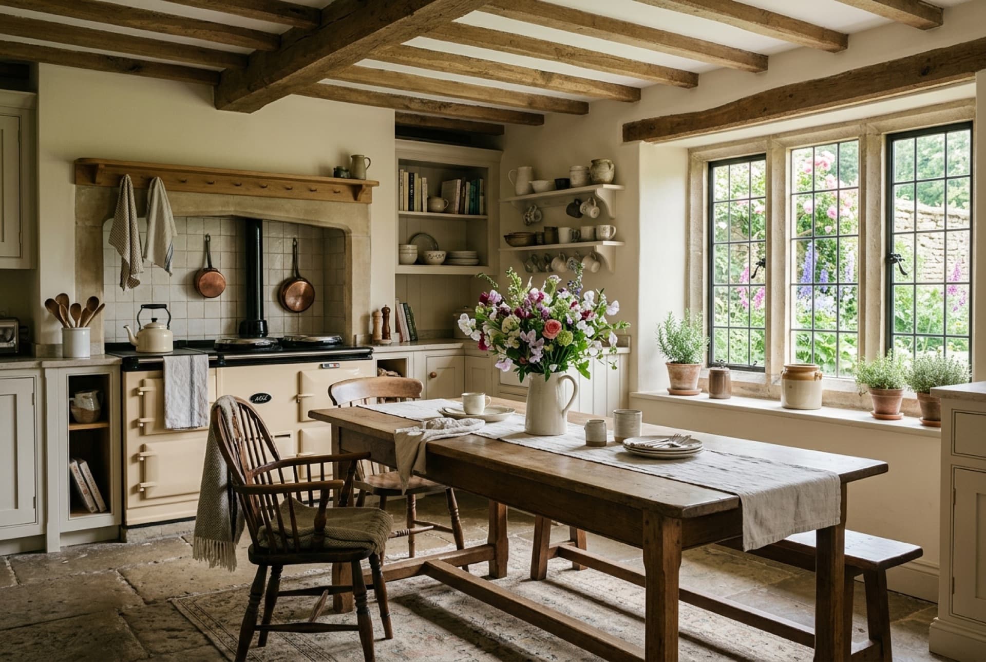 Cocina de madera y piedra con ventana al jardín