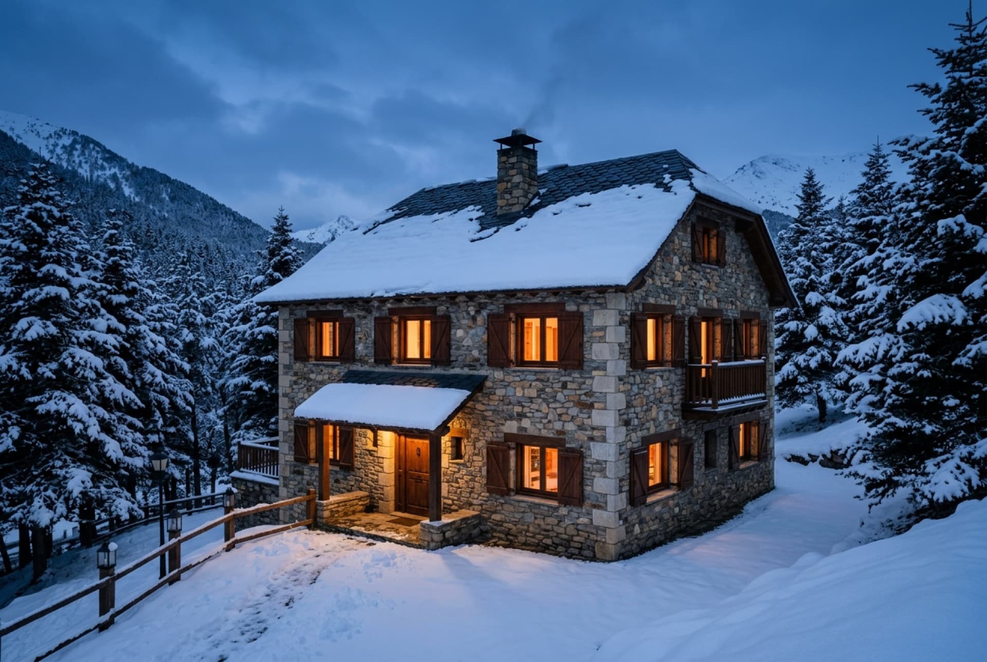 Casa de piedra con tejado de pizarra en el Pirineo aragonés