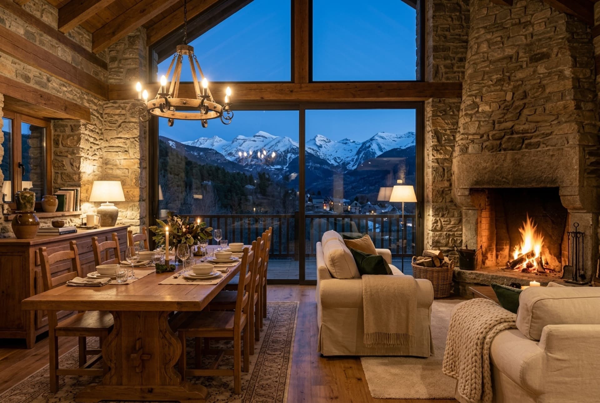 Salón cálido de casa de montaña con vistas al valle