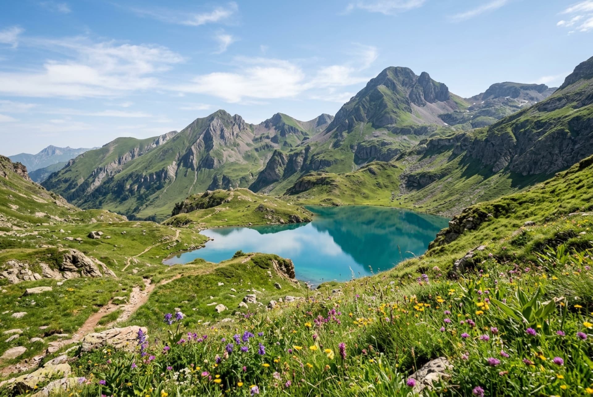 Valle verde en verano con senderos de montaña