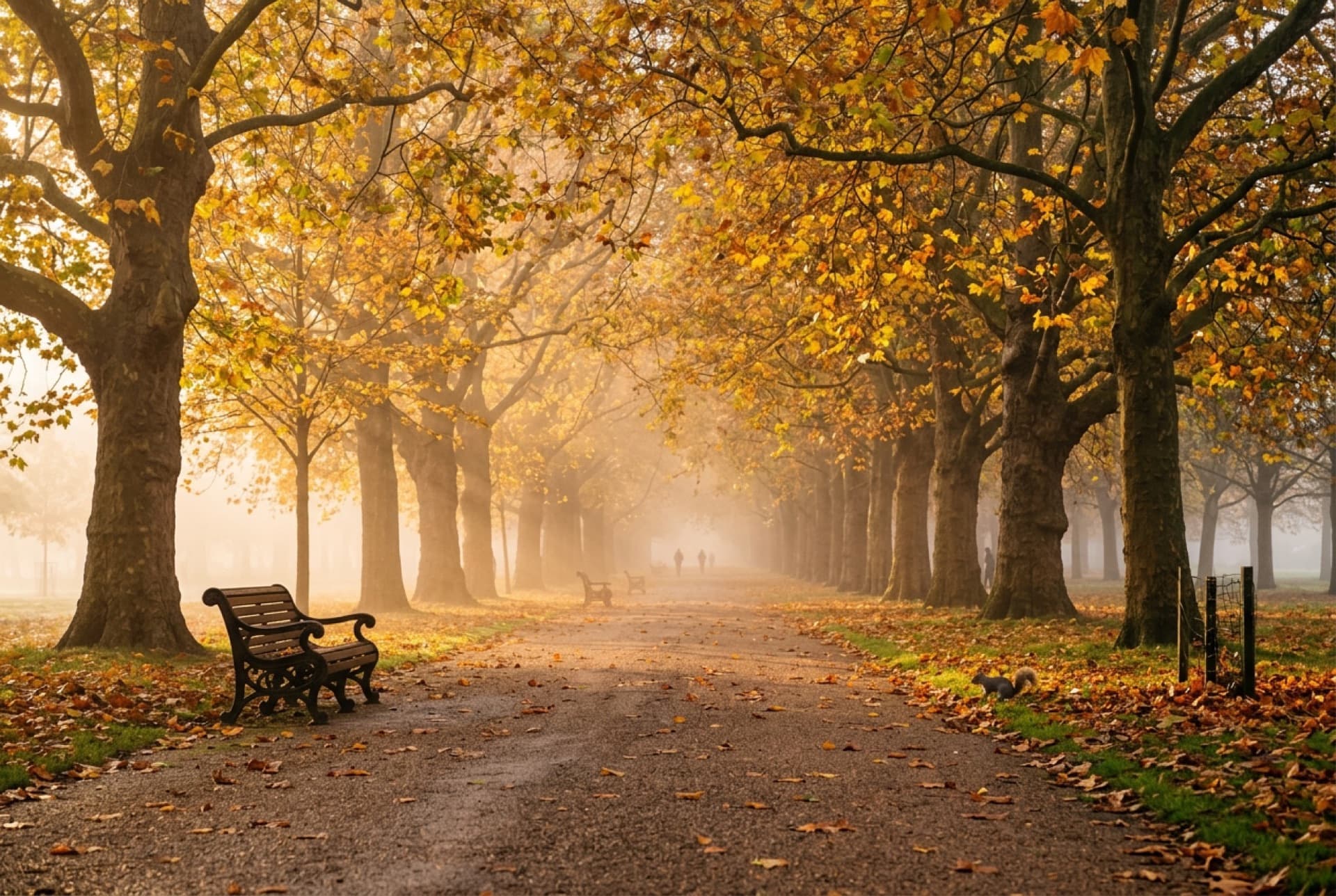 Avenida de árboles dorados con niebla en un parque de Londres