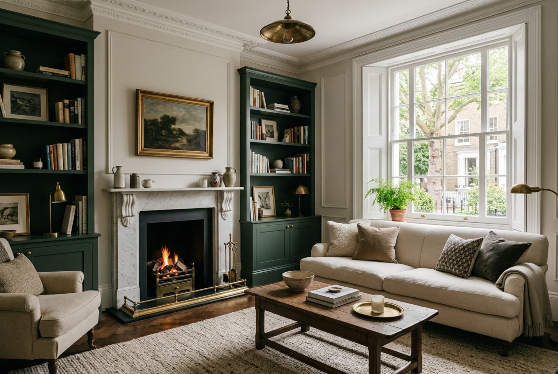 Salón londinense con chimenea de mármol y librerías verdes