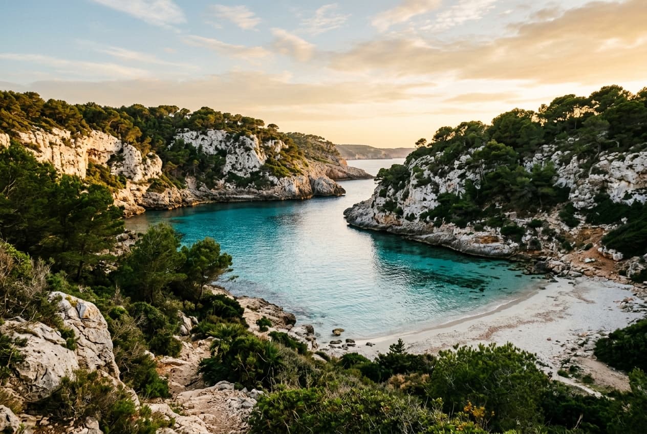Cala tranquila del norte de Mallorca entre pinos y acantilados
