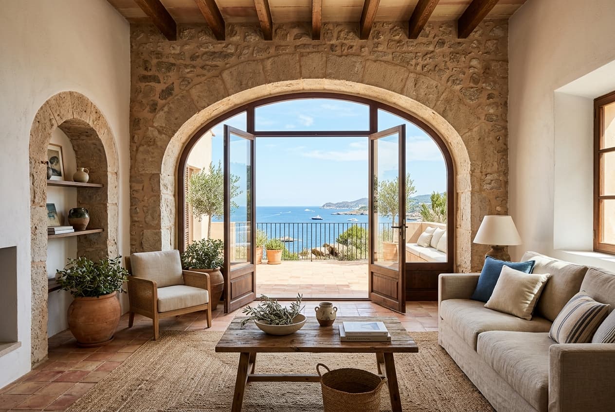 Salón luminoso con arcos de piedra y terraza con vistas al mar