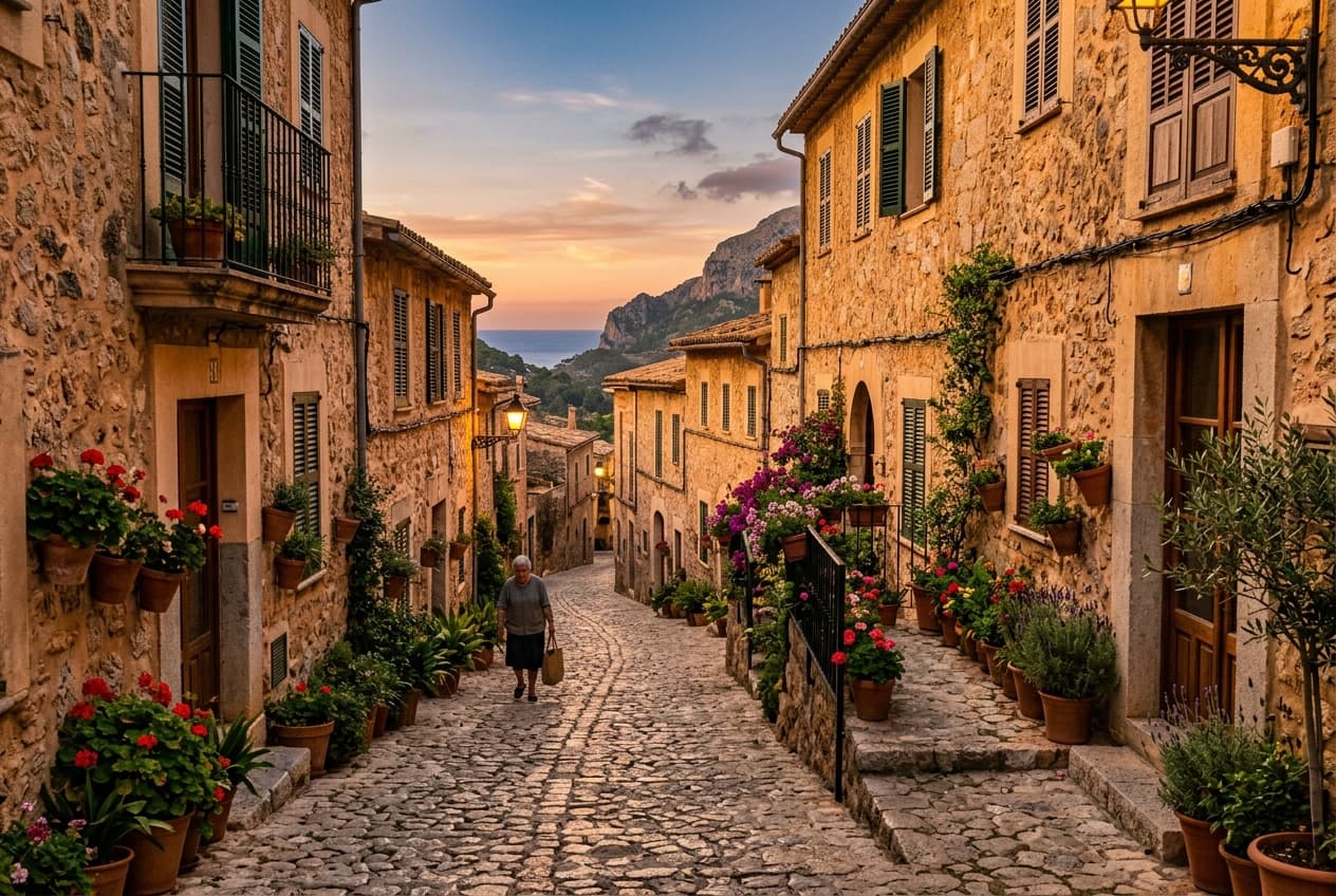 Calle empedrada de pueblo costero mallorquín al atardecer