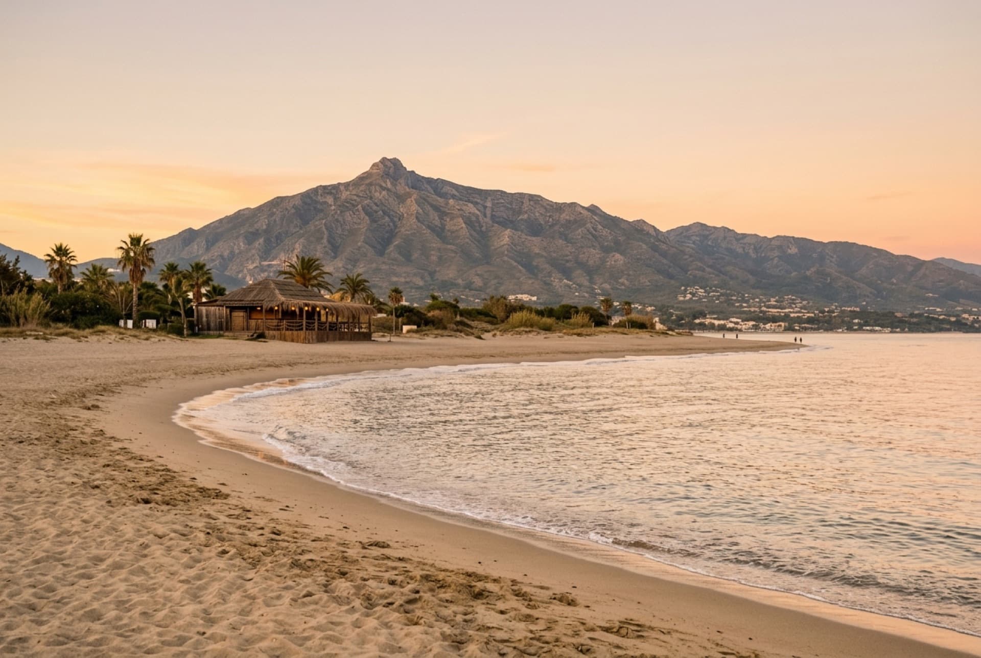 Paseo marítimo de Marbella al atardecer con palmeras