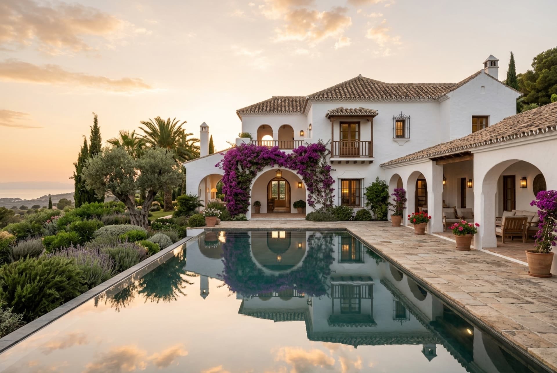 Villa andaluza blanca con buganvilla y piscina al atardecer