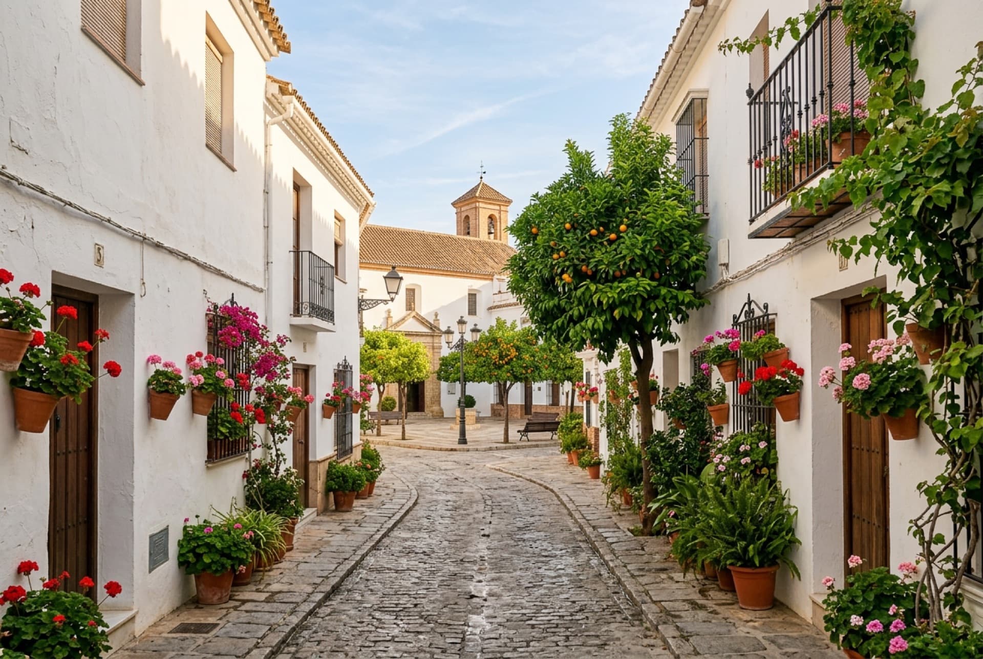 Plazuela blanca del casco antiguo con fuente y naranjos