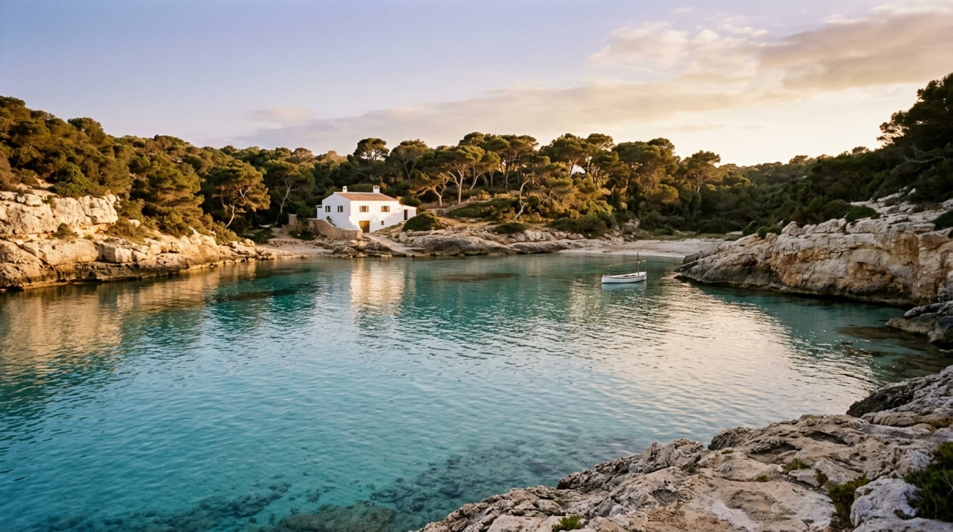 Cala de aguas turquesas con casa blanca entre pinos al atardecer