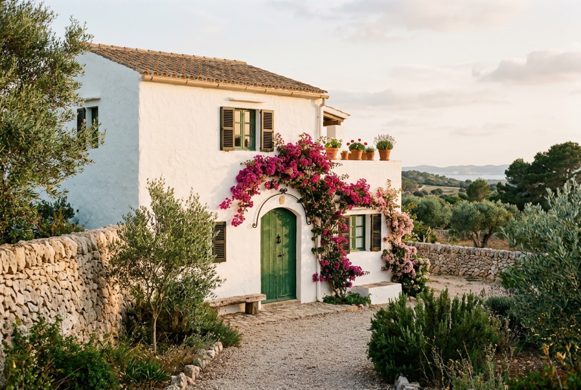 Casa blanca menorquina con contraventanas verdes