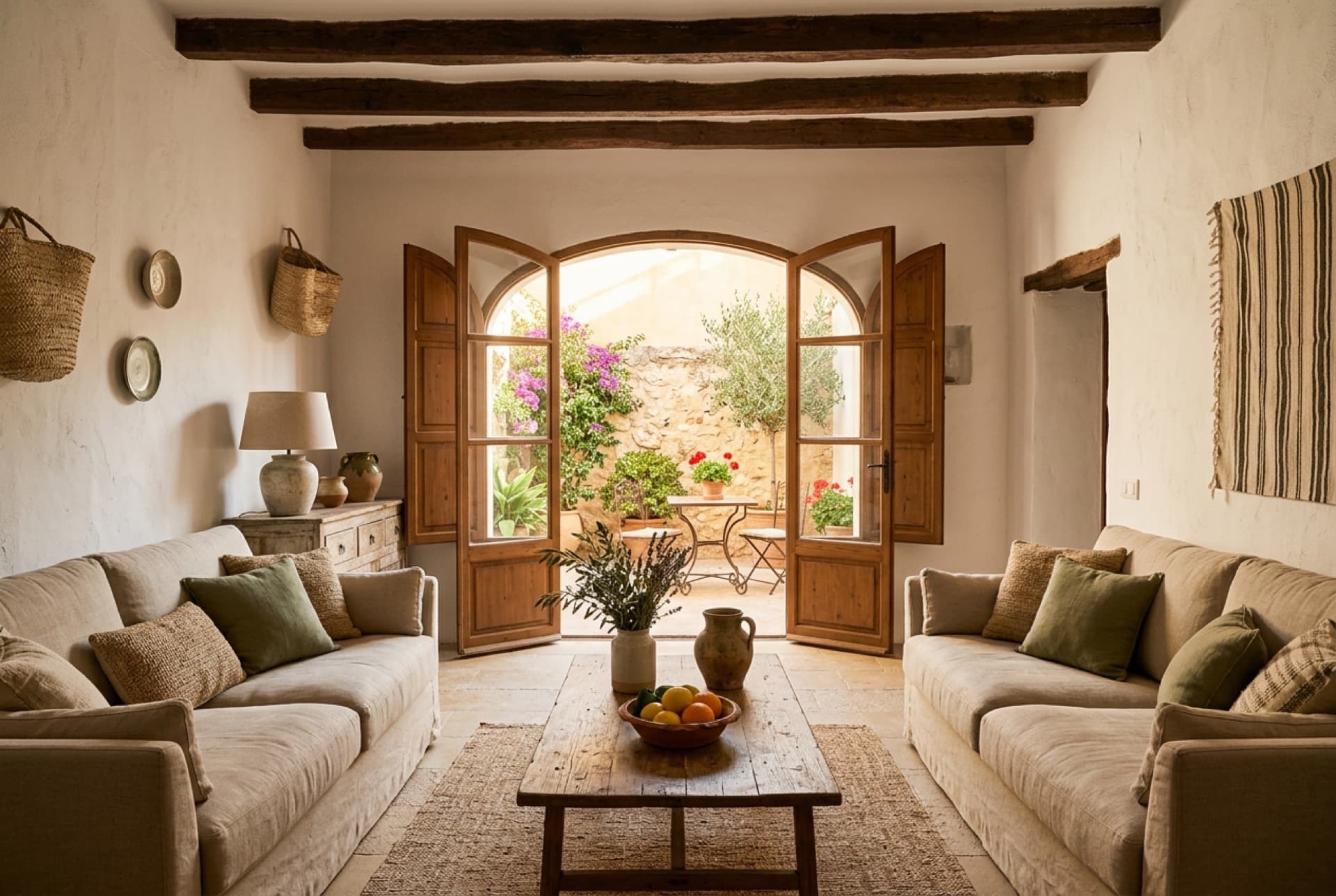 Salón blanco con baldosas de terracota y ventana al mar