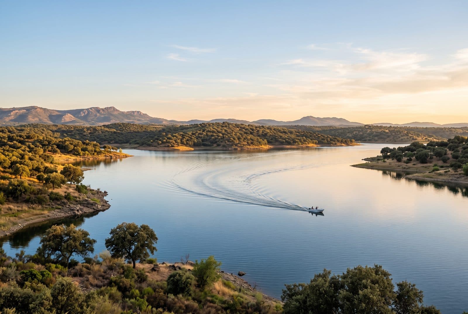 Lancha cruzando las aguas tranquilas del embalse de Valdecañas al atardecer