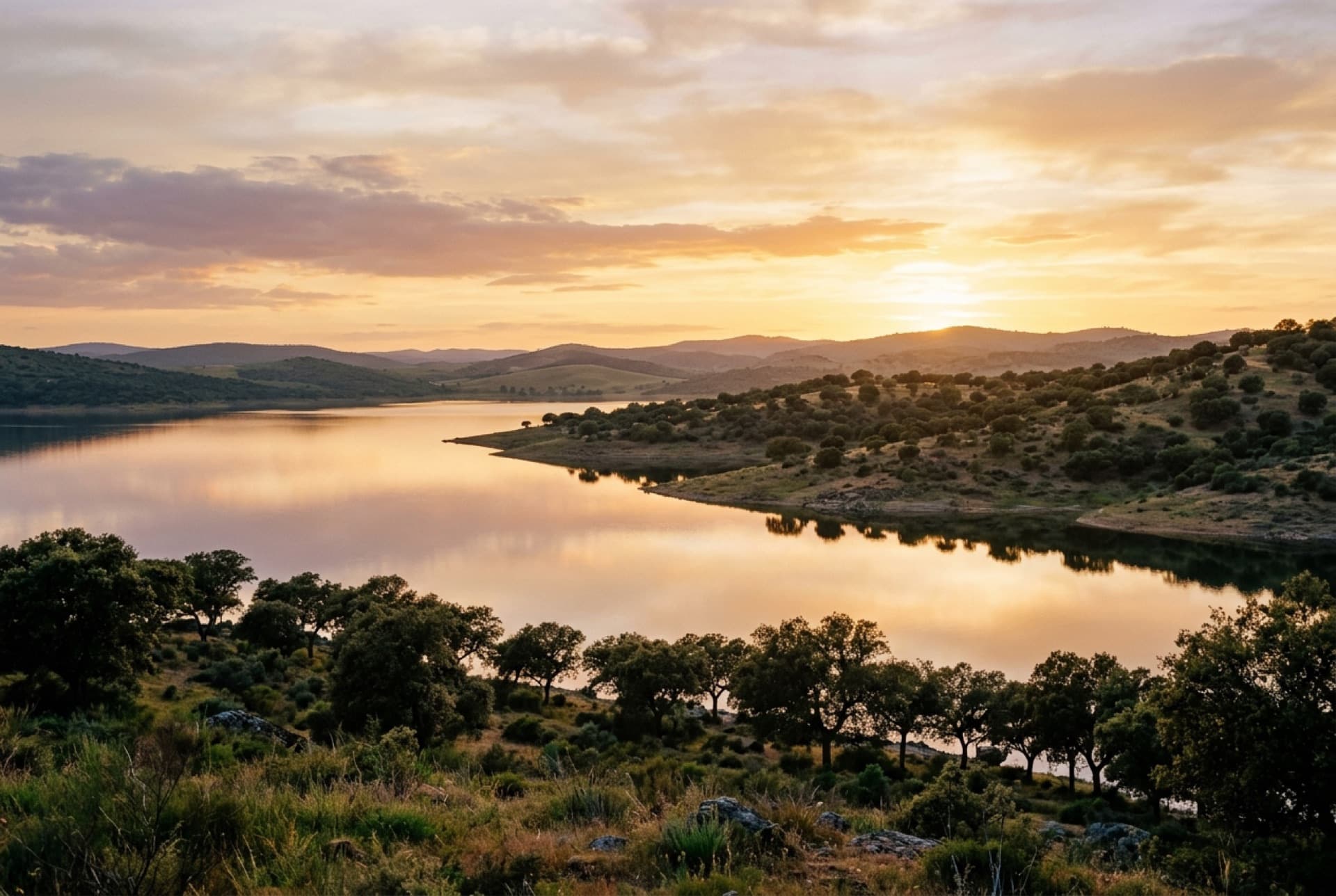 Embalse de Valdecañas rodeado de dehesa