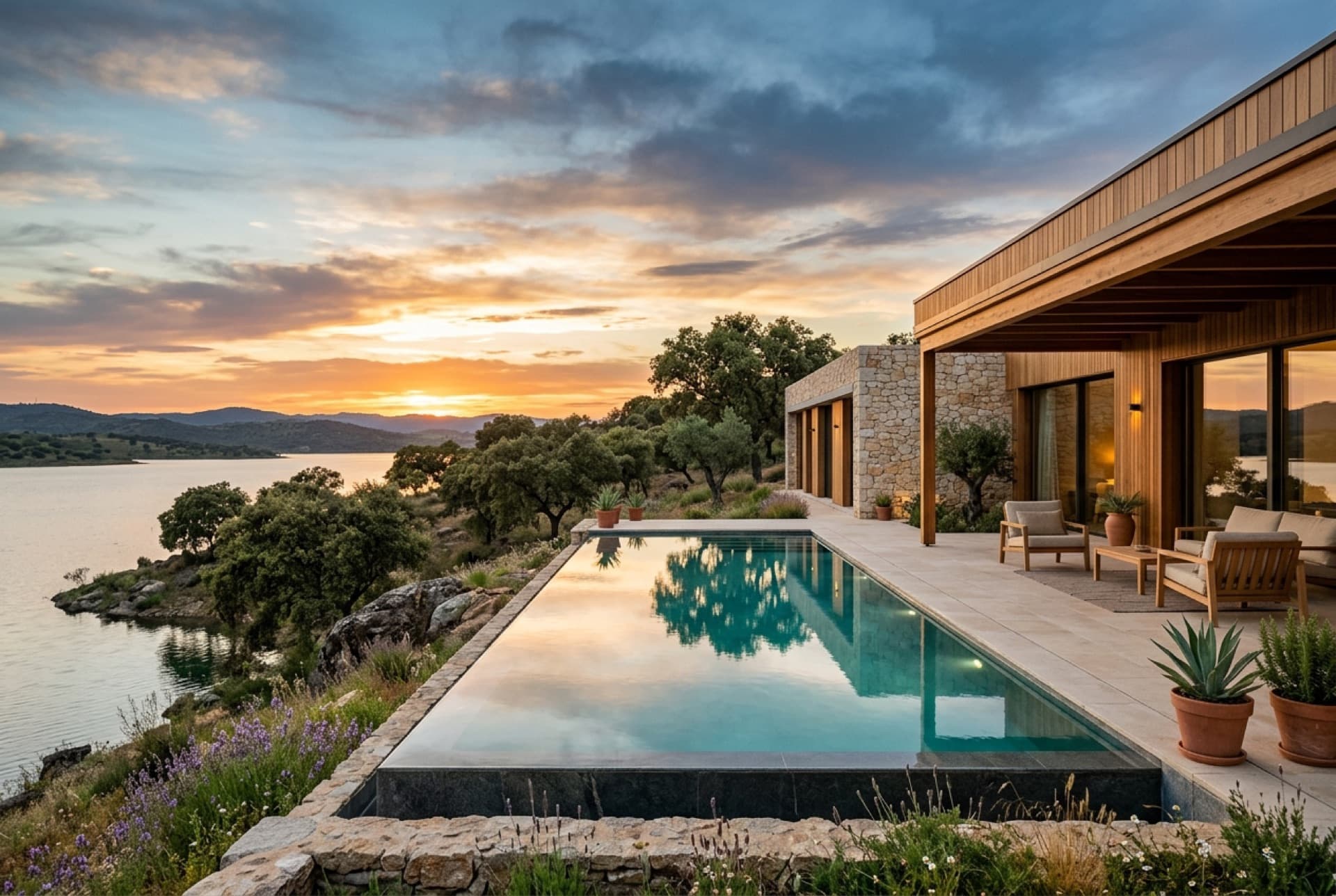 Casa de piedra y madera con piscina junto al embalse al atardecer