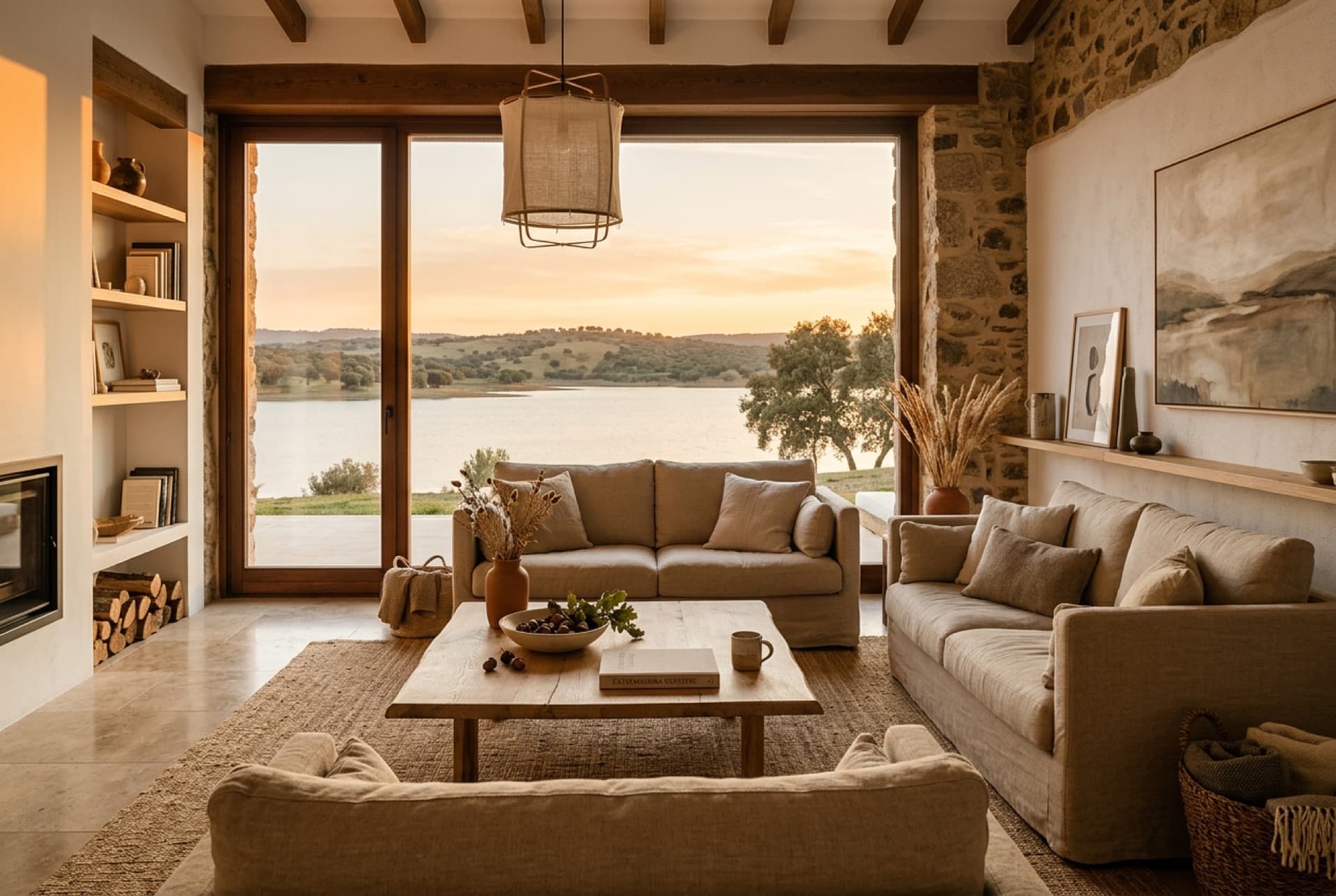 Interior luminoso con salón amplio y vistas a la naturaleza