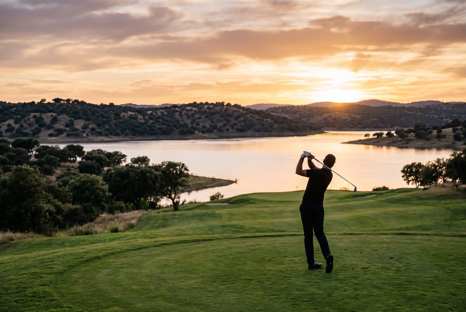 Jugador de golf al atardecer con el embalse de Valdecañas al fondo